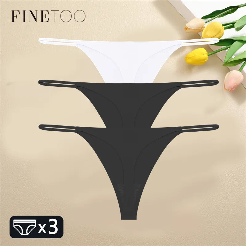 FINETOO 3PCS Women Seamless Thongs Sexy Low Waist Bikini Panties Female Traceless Underpants Ladies Solid Color T-back XS-XL