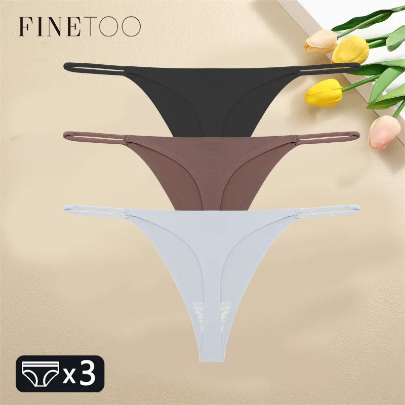 FINETOO 3PCS Women Seamless Thongs Sexy Low Waist Bikini Panties Female Traceless Underpants Ladies Solid Color T-back XS-XL