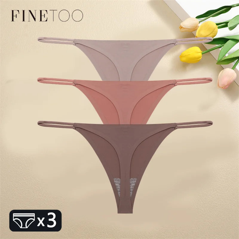 FINETOO 3PCS Women Seamless Thongs Sexy Low Waist Bikini Panties Female Traceless Underpants Ladies Solid Color T-back XS-XL