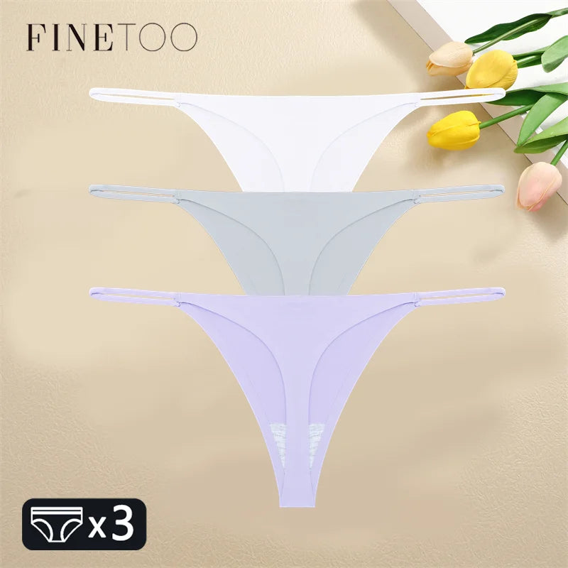 FINETOO 3PCS Women Seamless Thongs Sexy Low Waist Bikini Panties Female Traceless Underpants Ladies Solid Color T-back XS-XL