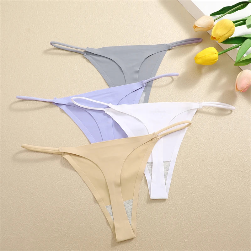 FINETOO 3PCS Women Seamless Thongs Sexy Low Waist Bikini Panties Female Traceless Underpants Ladies Solid Color T-back XS-XL