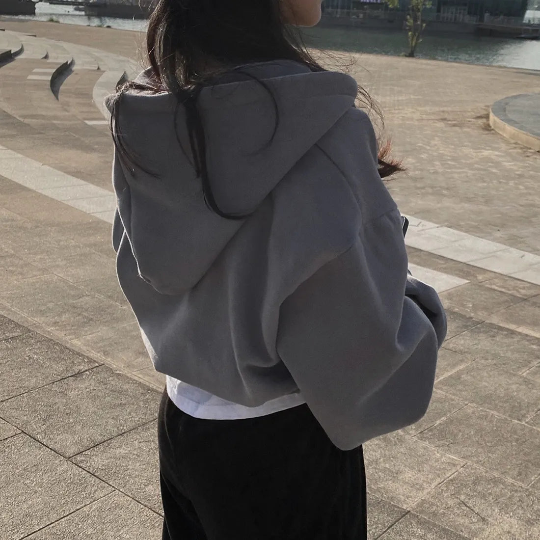 Casual Hood Sweatshirt Women Y2K Zip Up Hoodies Solid Harajuku Long Sleeve Shirt Oversized Crop Tops Female Loose Jackets Coat