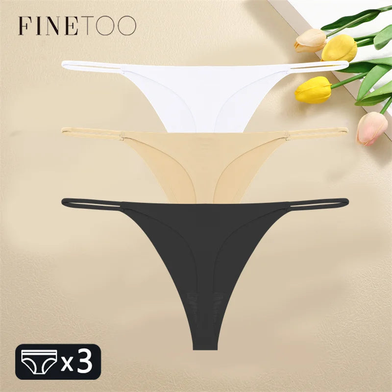 FINETOO 3PCS Women Seamless Thongs Sexy Low Waist Bikini Panties Female Traceless Underpants Ladies Solid Color T-back XS-XL