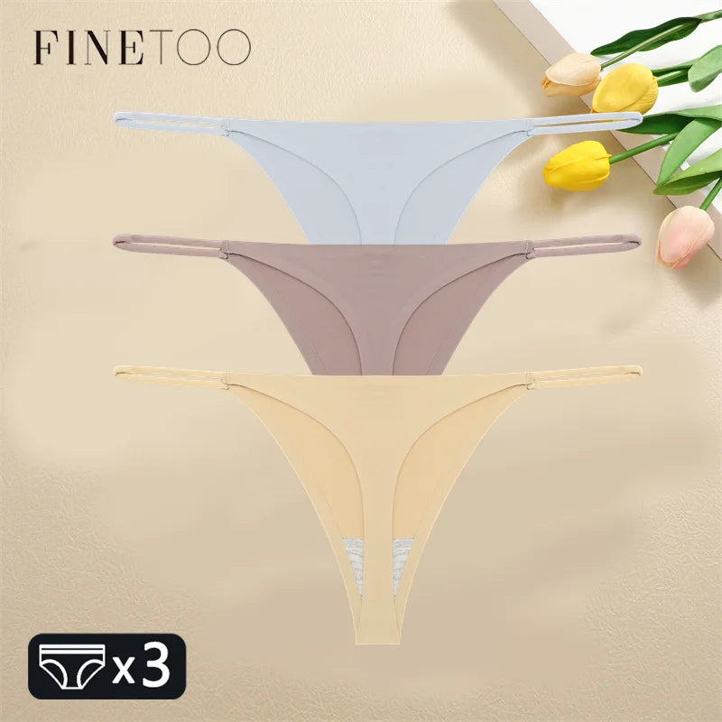 FINETOO 3PCS Women Seamless Thongs Sexy Low Waist Bikini Panties Female Traceless Underpants Ladies Solid Color T-back XS-XL