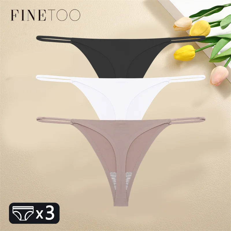 FINETOO 3PCS Women Seamless Thongs Sexy Low Waist Bikini Panties Female Traceless Underpants Ladies Solid Color T-back XS-XL