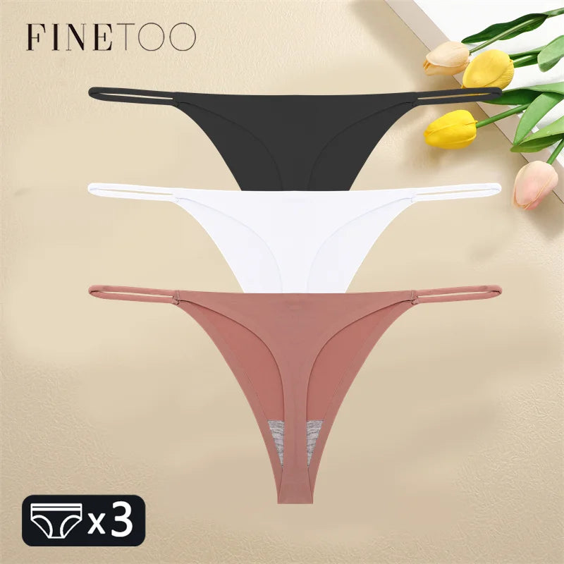 FINETOO 3PCS Women Seamless Thongs Sexy Low Waist Bikini Panties Female Traceless Underpants Ladies Solid Color T-back XS-XL