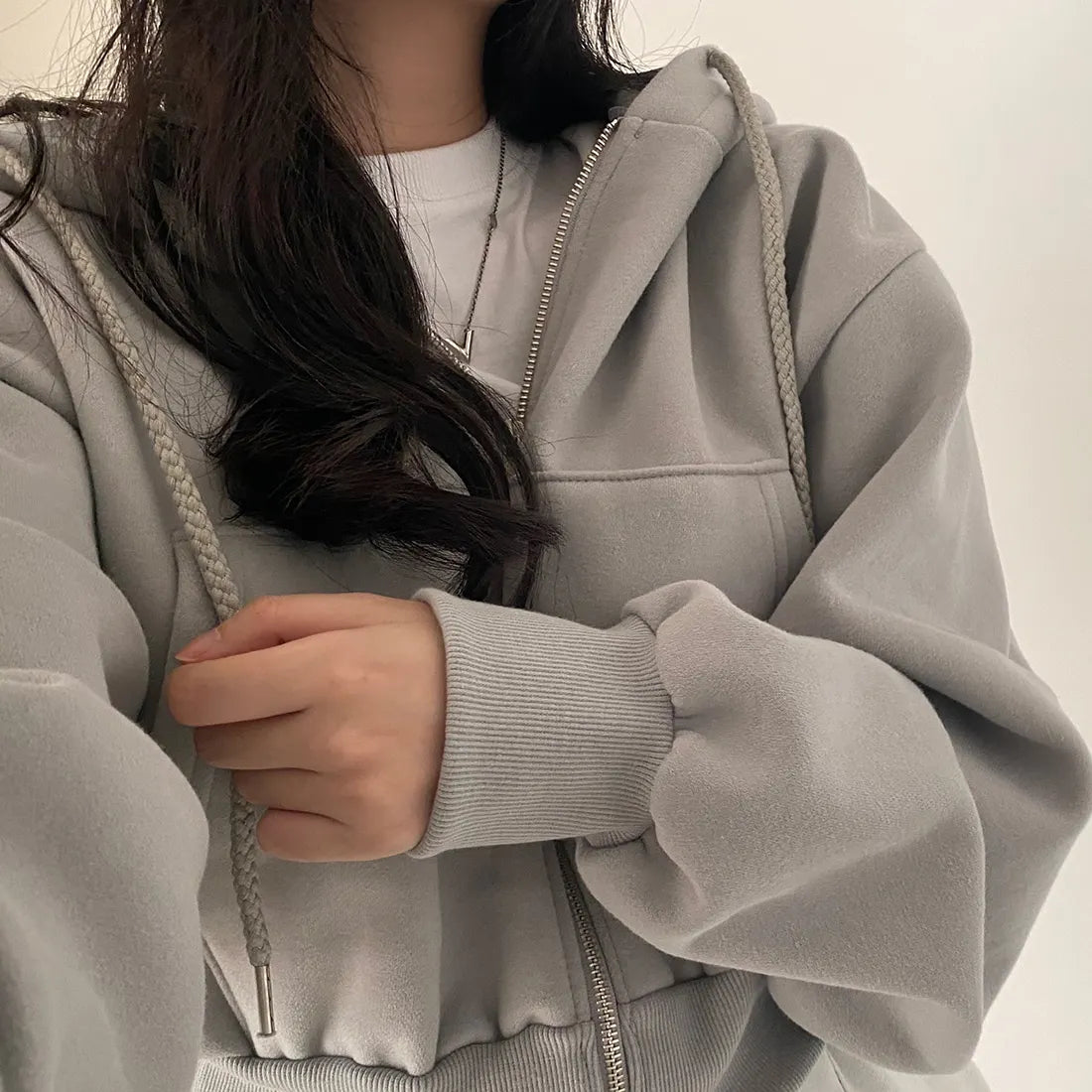 Casual Hood Sweatshirt Women Y2K Zip Up Hoodies Solid Harajuku Long Sleeve Shirt Oversized Crop Tops Female Loose Jackets Coat