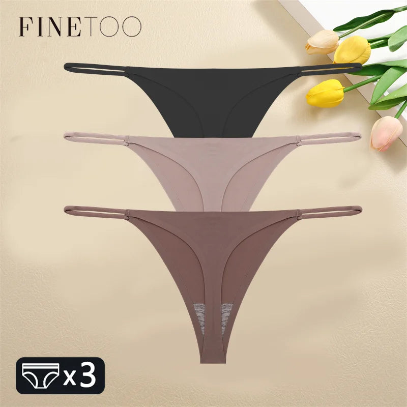 FINETOO 3PCS Women Seamless Thongs Sexy Low Waist Bikini Panties Female Traceless Underpants Ladies Solid Color T-back XS-XL